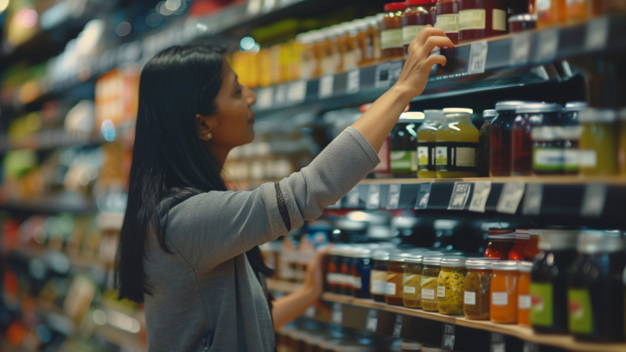 Mujer comprobando las etiquetas de los alimentos